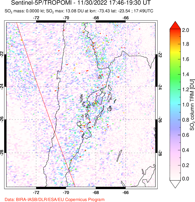 A sulfur dioxide image over Northern Chile on Nov 30, 2022.