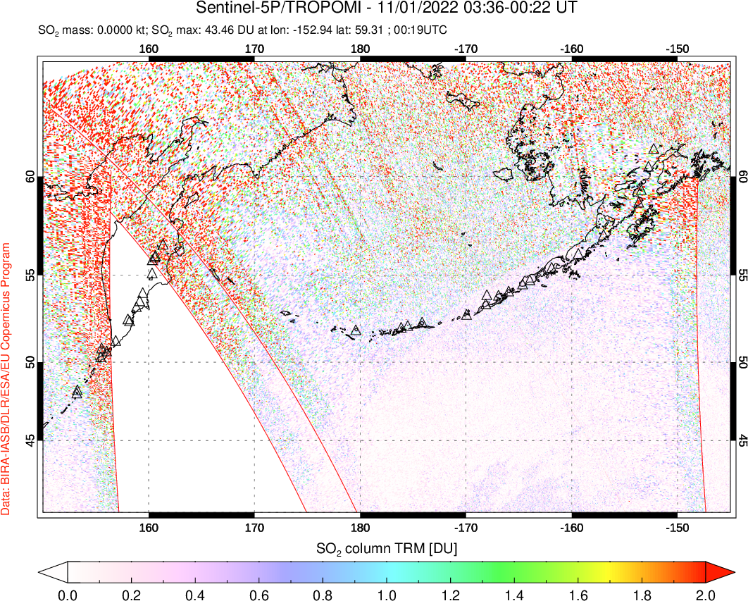 A sulfur dioxide image over North Pacific on Nov 01, 2022.