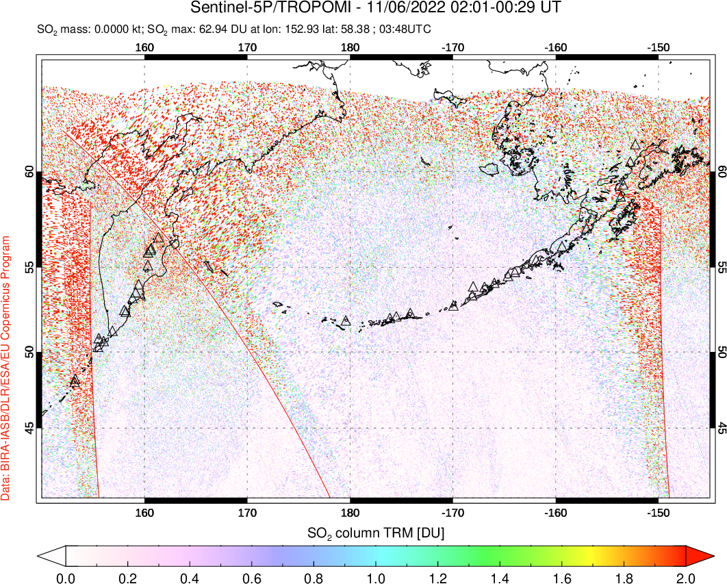 A sulfur dioxide image over North Pacific on Nov 06, 2022.