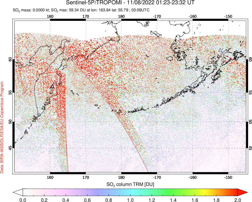 A sulfur dioxide image over North Pacific on Nov 08, 2022.