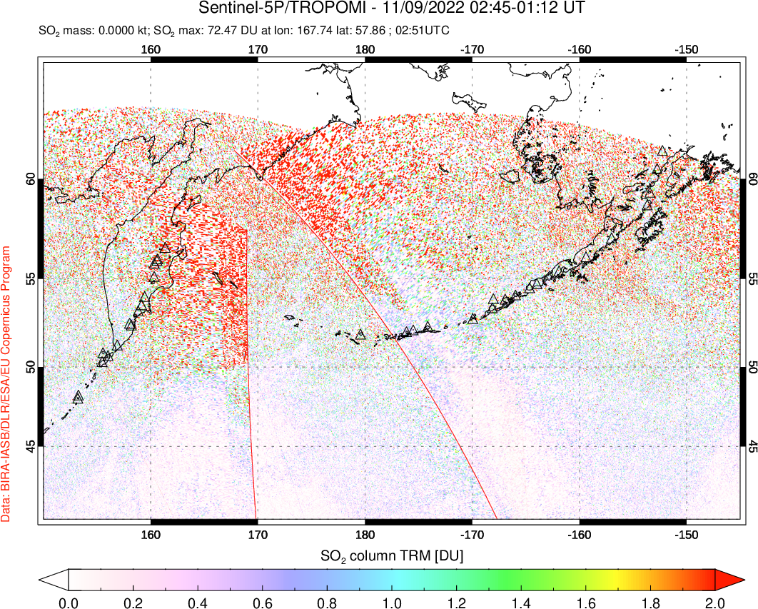 A sulfur dioxide image over North Pacific on Nov 09, 2022.