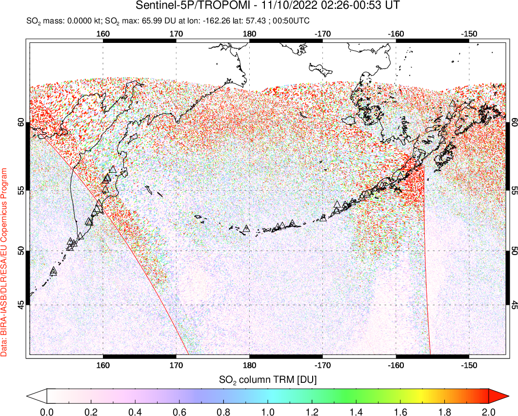 A sulfur dioxide image over North Pacific on Nov 10, 2022.