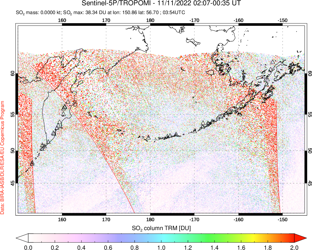 A sulfur dioxide image over North Pacific on Nov 11, 2022.