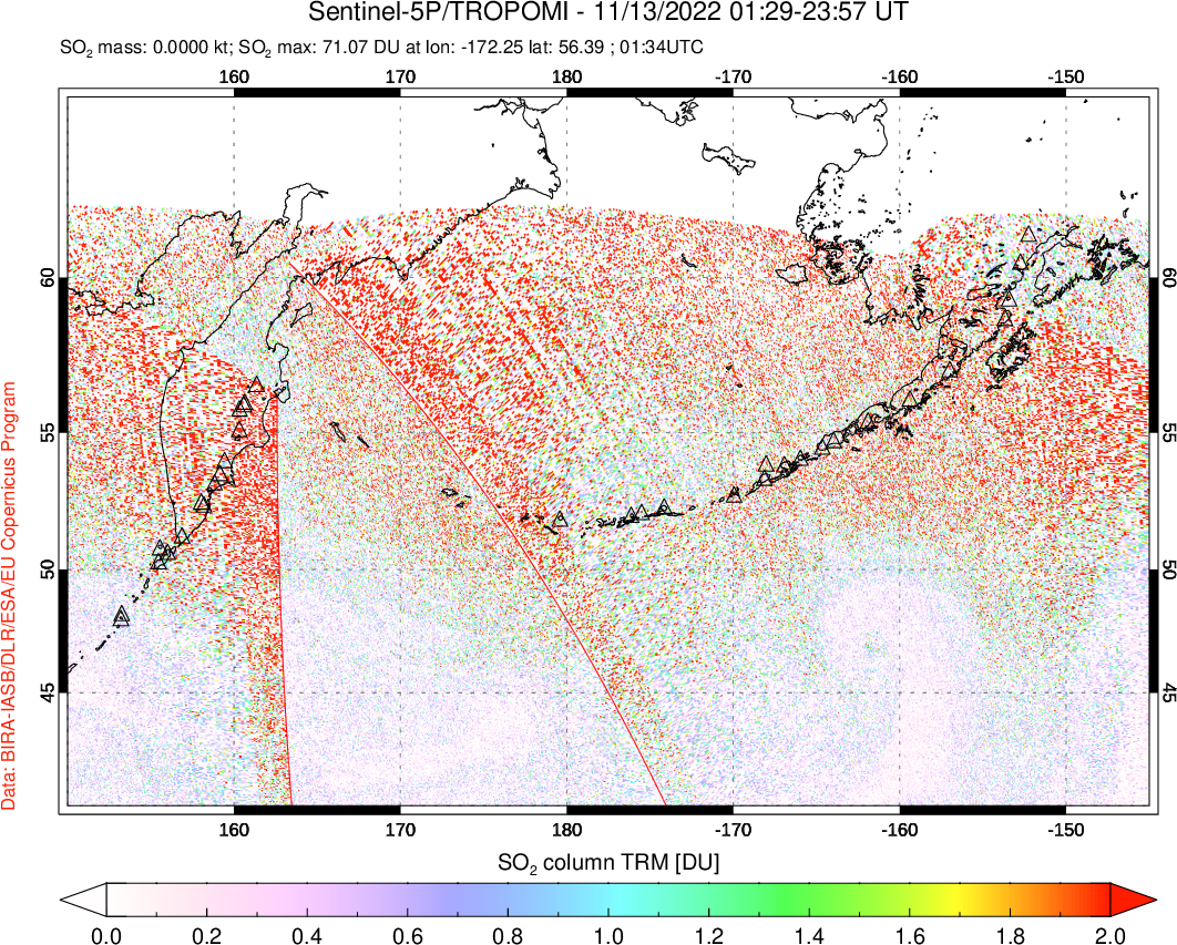 A sulfur dioxide image over North Pacific on Nov 13, 2022.