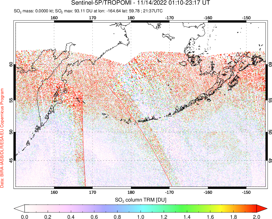 A sulfur dioxide image over North Pacific on Nov 14, 2022.