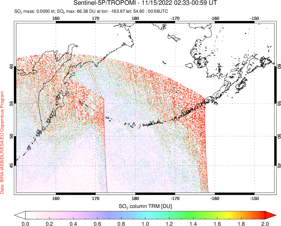 A sulfur dioxide image over North Pacific on Nov 15, 2022.
