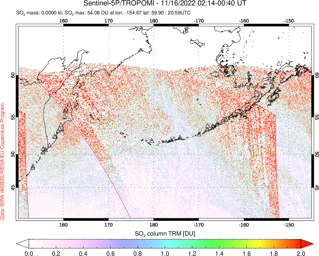 A sulfur dioxide image over North Pacific on Nov 16, 2022.