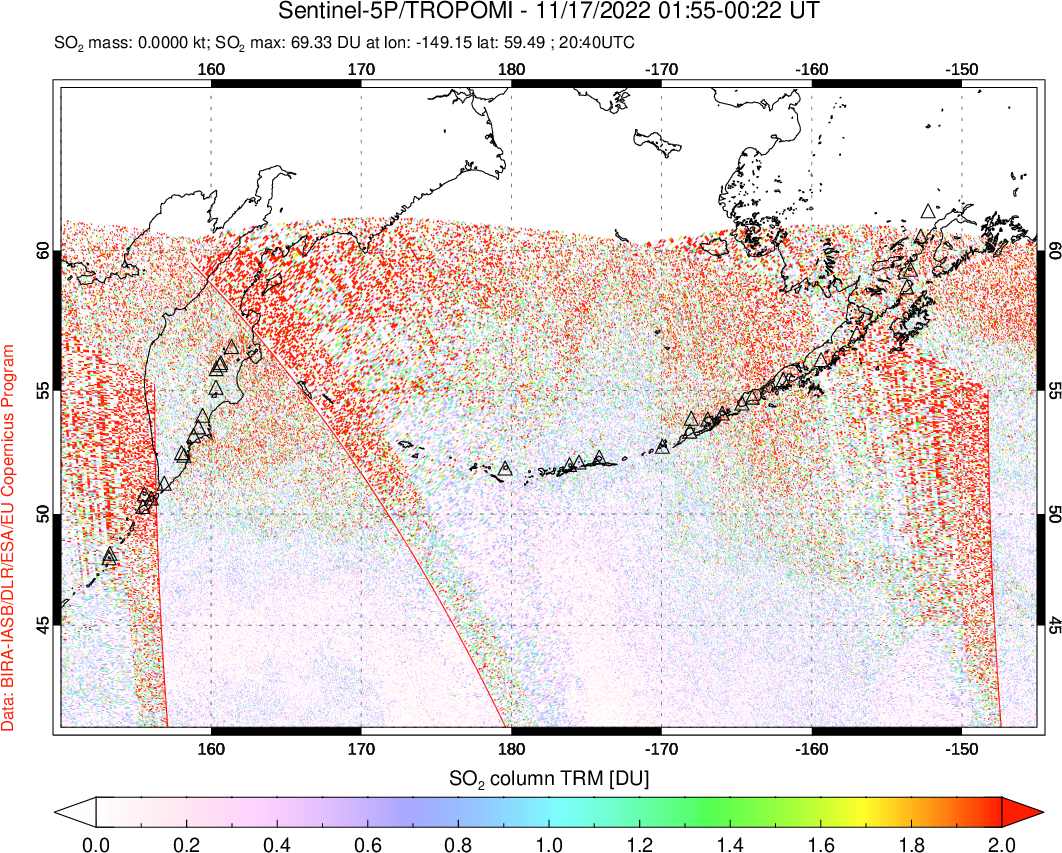 A sulfur dioxide image over North Pacific on Nov 17, 2022.