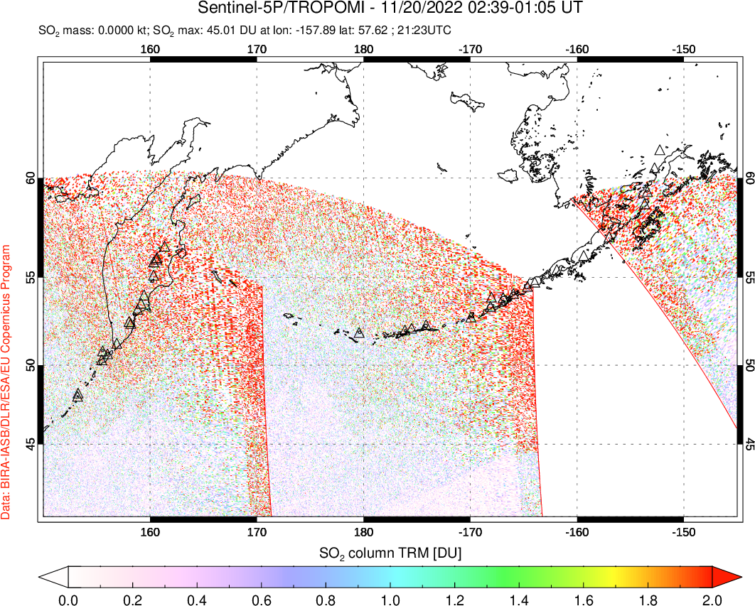 A sulfur dioxide image over North Pacific on Nov 20, 2022.