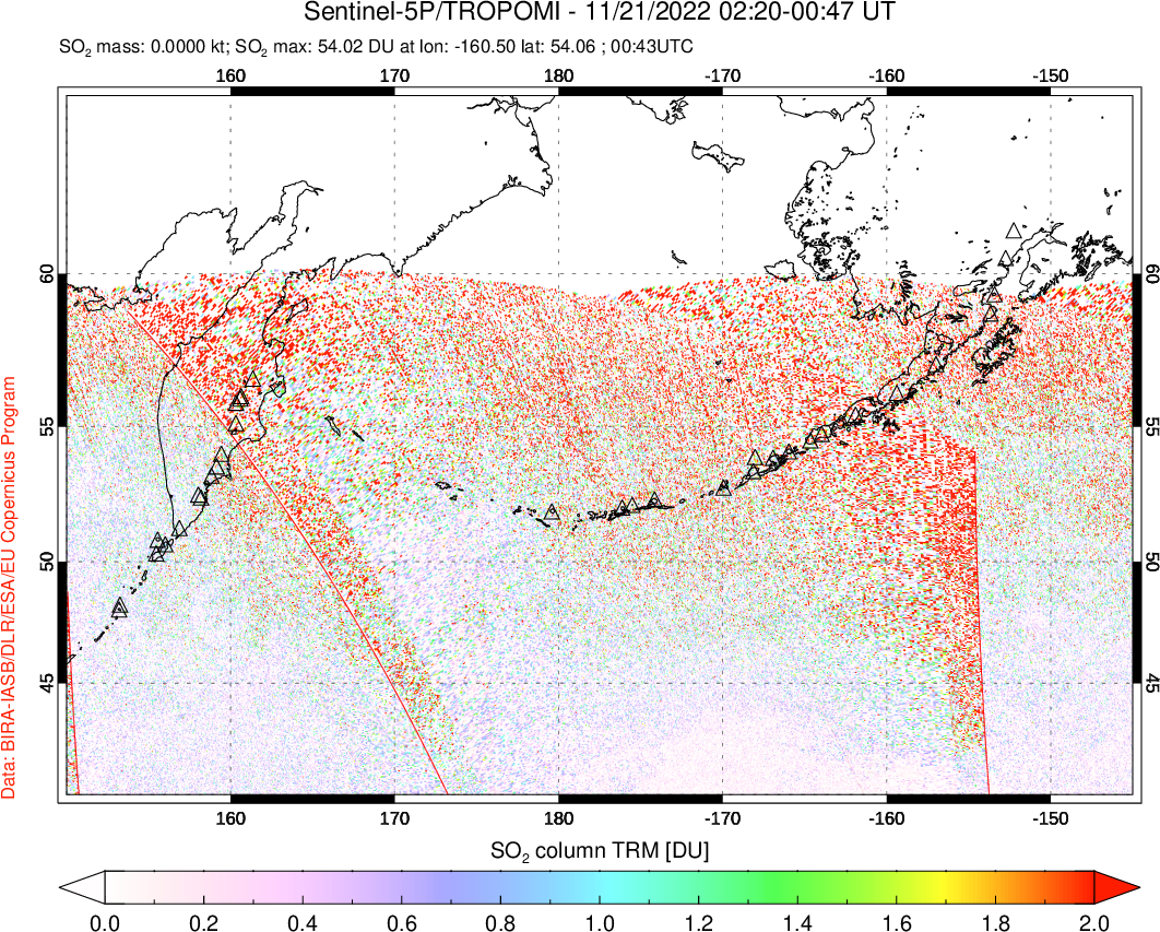 A sulfur dioxide image over North Pacific on Nov 21, 2022.