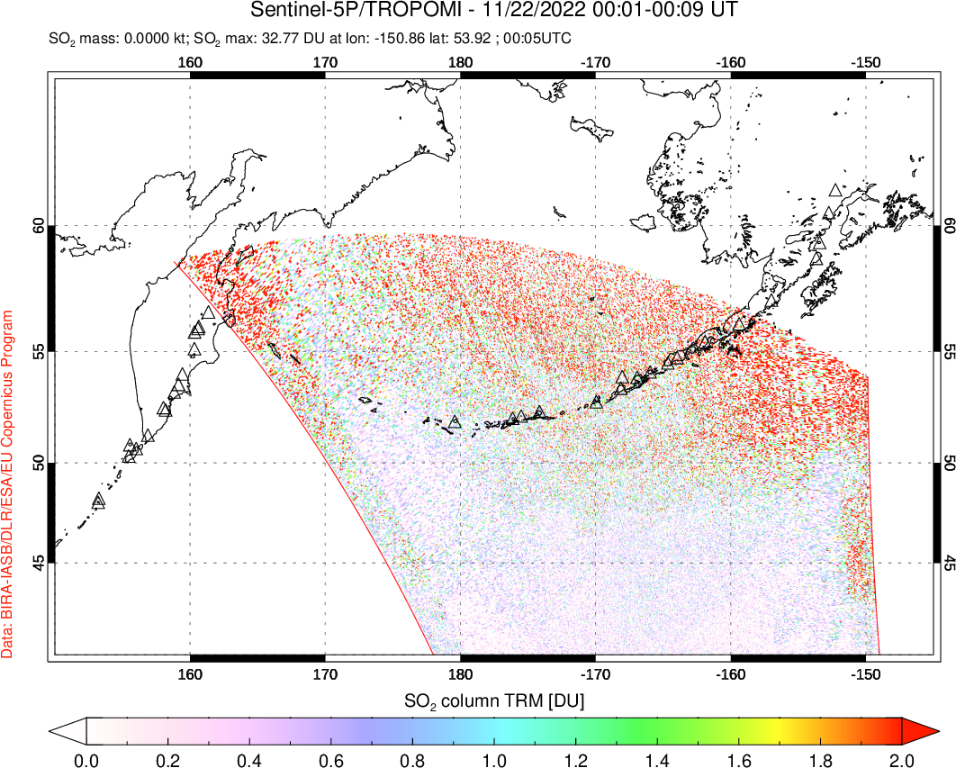 A sulfur dioxide image over North Pacific on Nov 22, 2022.
