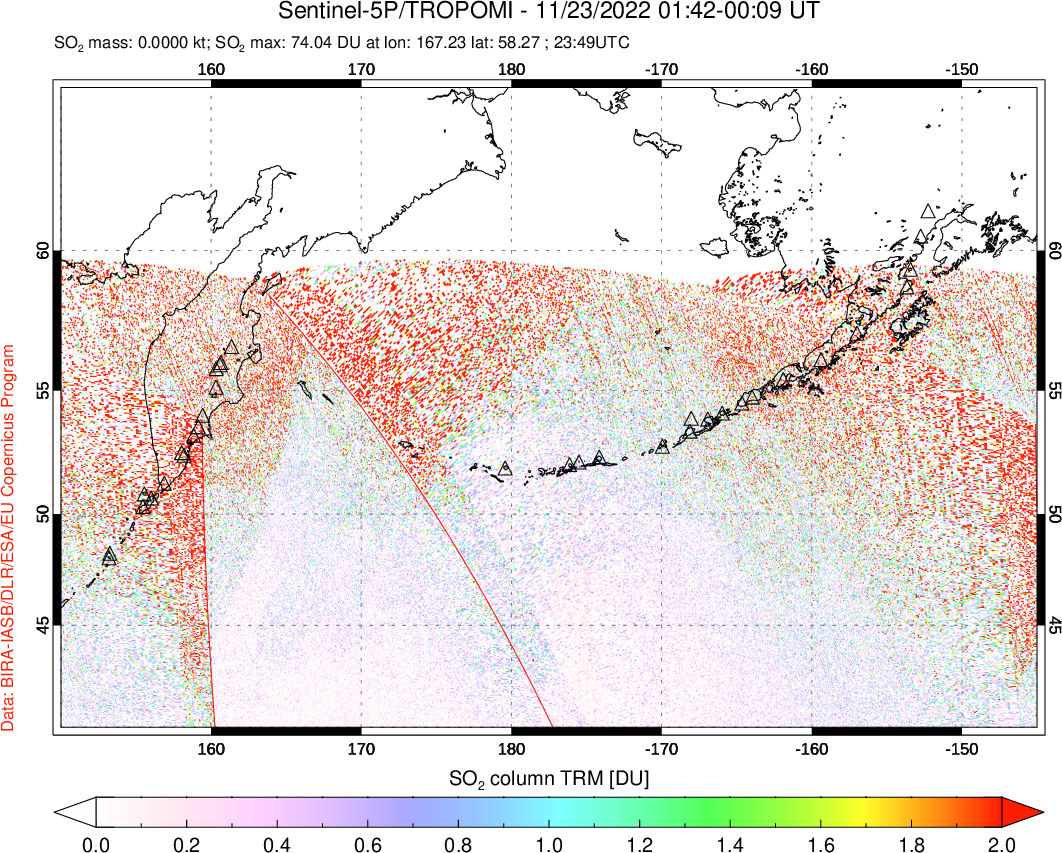 A sulfur dioxide image over North Pacific on Nov 23, 2022.