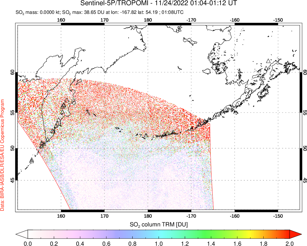 A sulfur dioxide image over North Pacific on Nov 24, 2022.