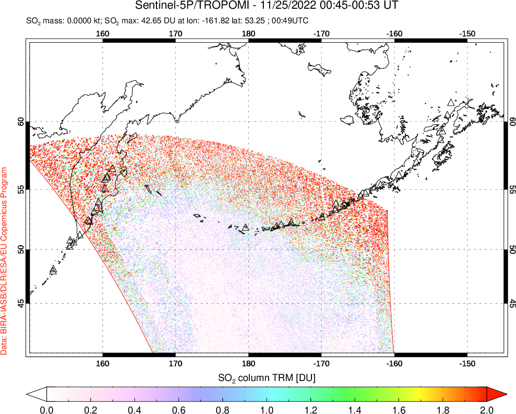A sulfur dioxide image over North Pacific on Nov 25, 2022.