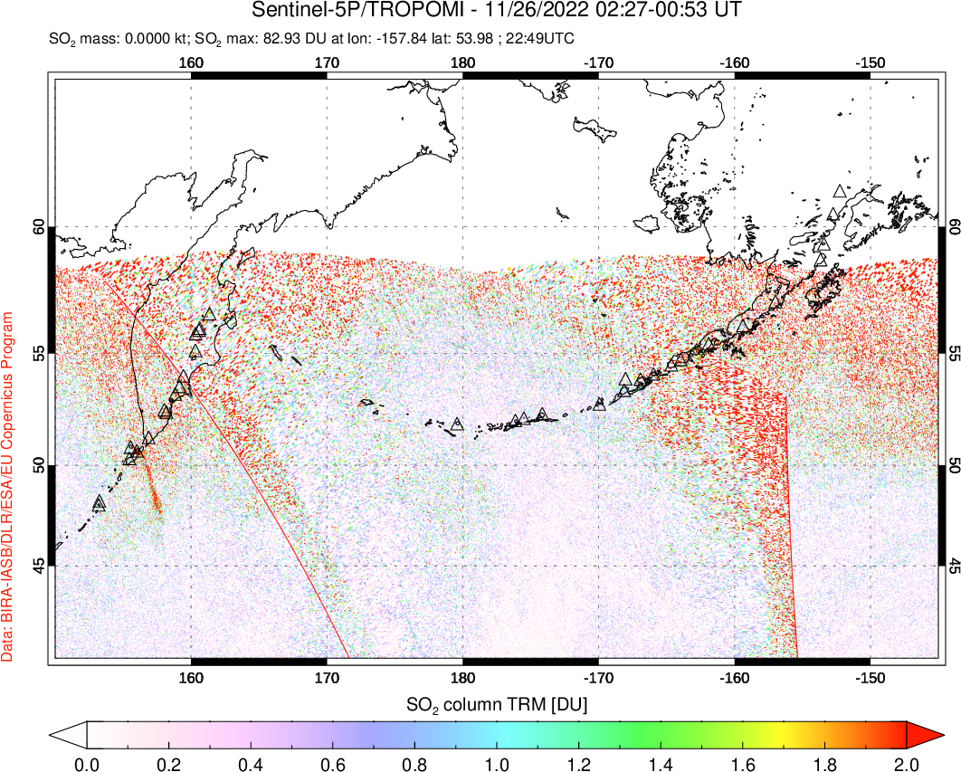 A sulfur dioxide image over North Pacific on Nov 26, 2022.