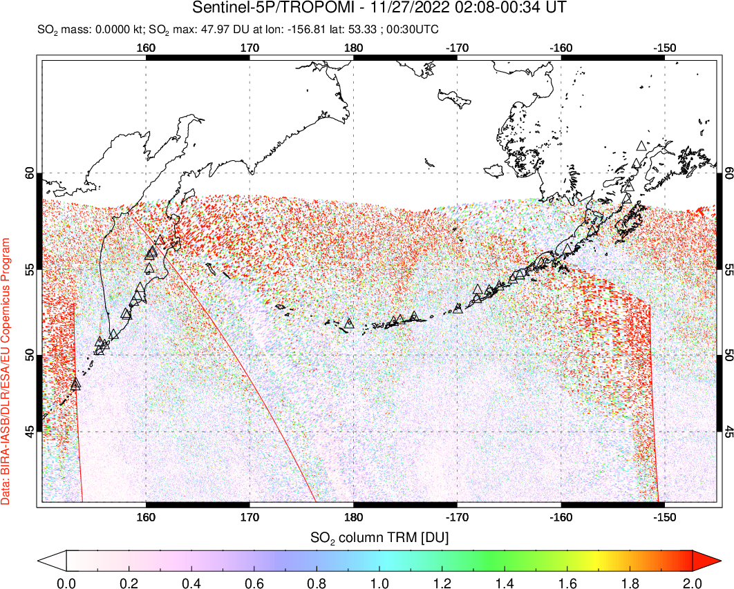 A sulfur dioxide image over North Pacific on Nov 27, 2022.