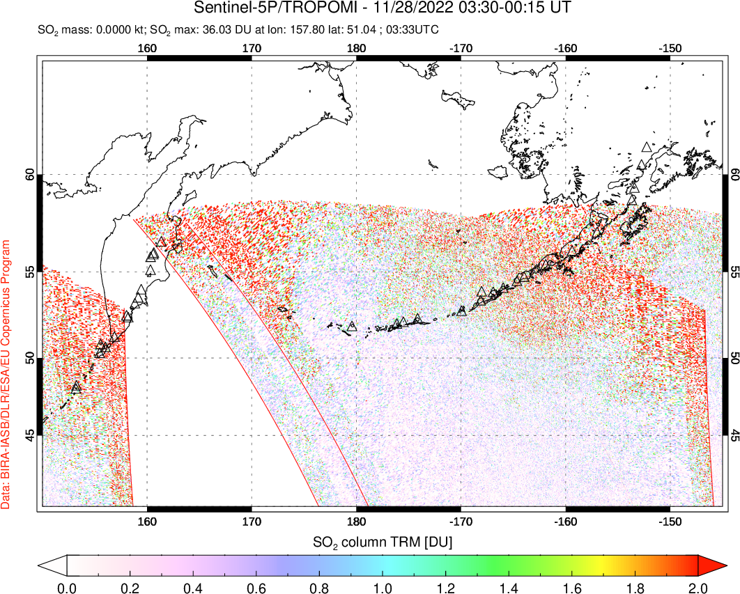 A sulfur dioxide image over North Pacific on Nov 28, 2022.
