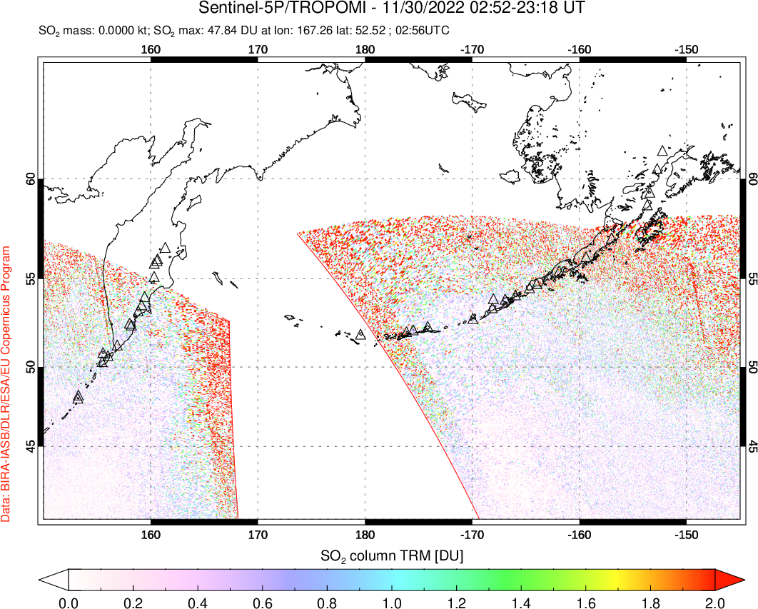 A sulfur dioxide image over North Pacific on Nov 30, 2022.