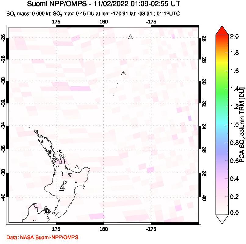A sulfur dioxide image over New Zealand on Nov 02, 2022.