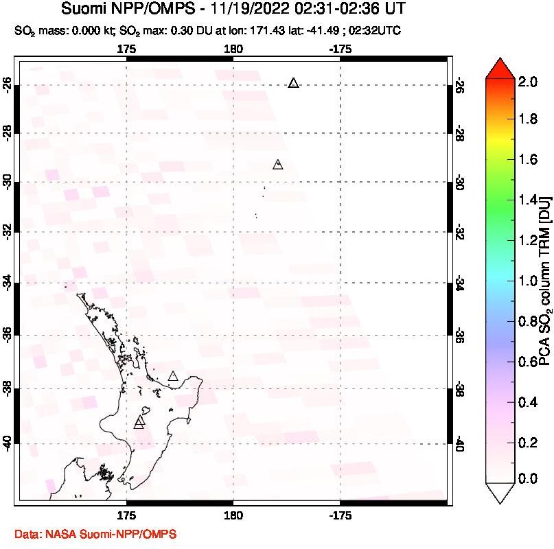 A sulfur dioxide image over New Zealand on Nov 19, 2022.