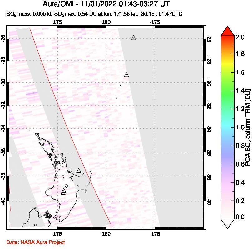 A sulfur dioxide image over New Zealand on Nov 01, 2022.