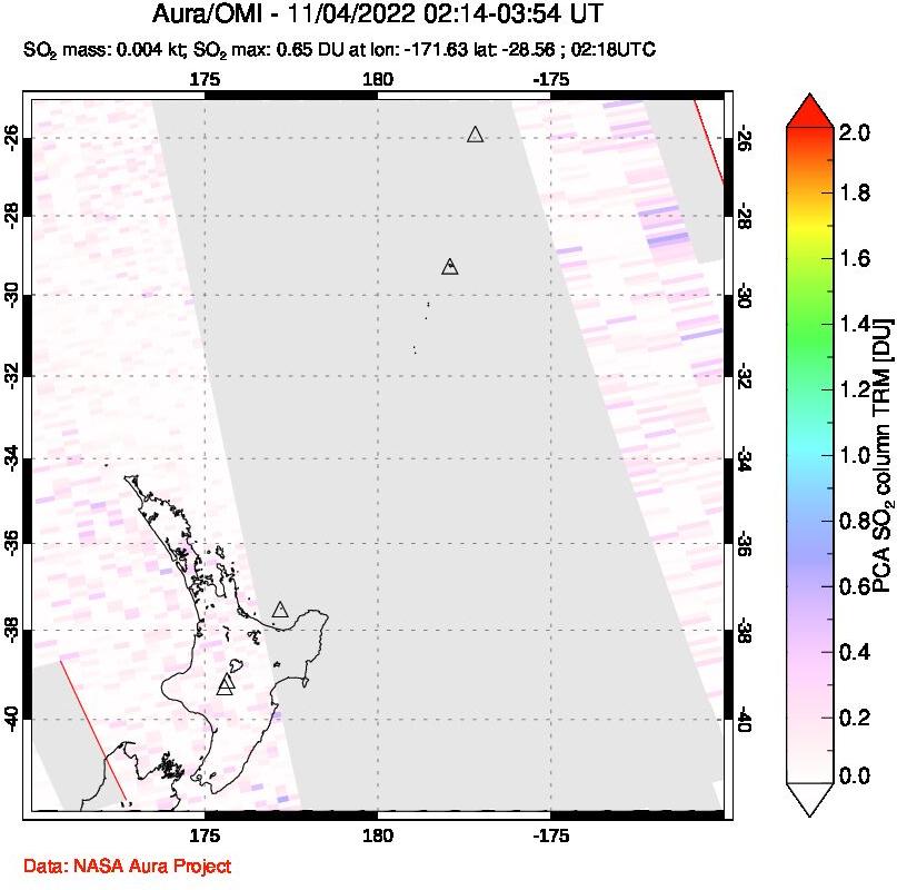 A sulfur dioxide image over New Zealand on Nov 04, 2022.