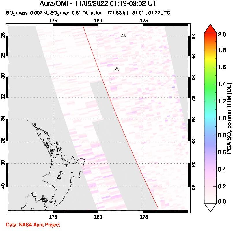 A sulfur dioxide image over New Zealand on Nov 05, 2022.