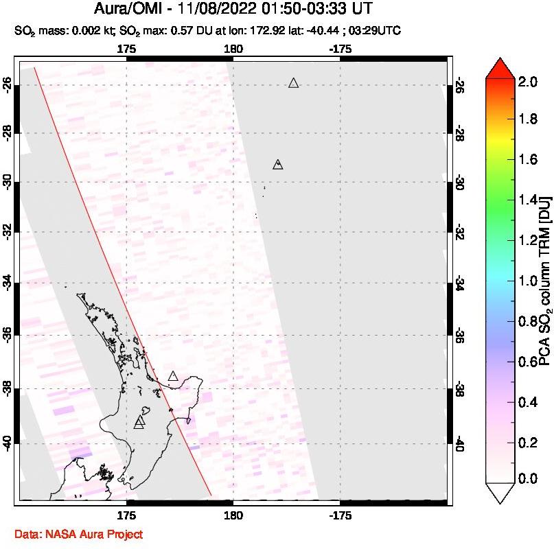 A sulfur dioxide image over New Zealand on Nov 08, 2022.
