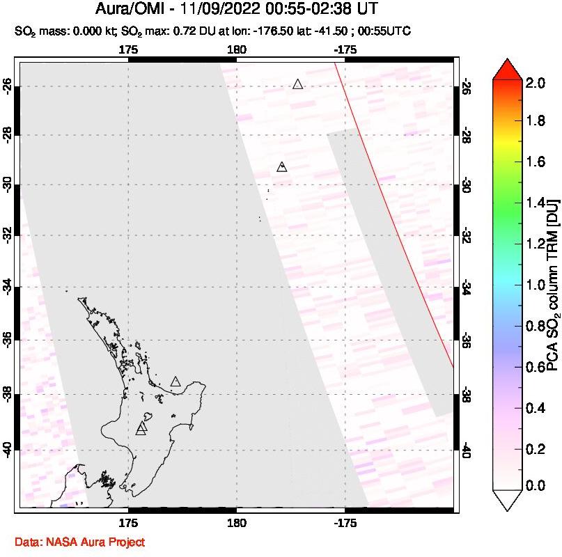 A sulfur dioxide image over New Zealand on Nov 09, 2022.
