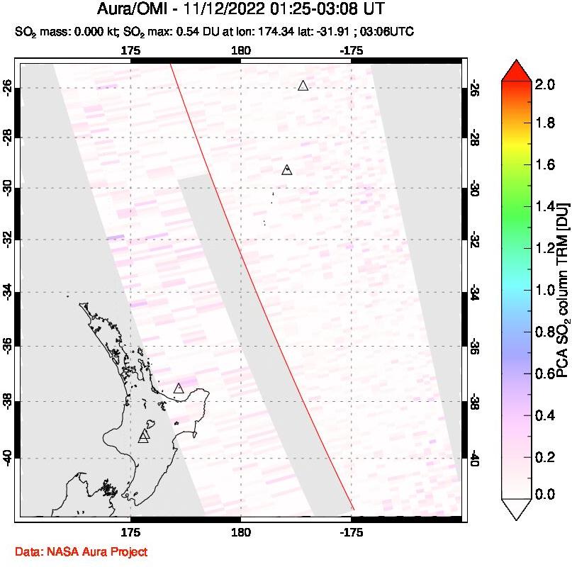 A sulfur dioxide image over New Zealand on Nov 12, 2022.