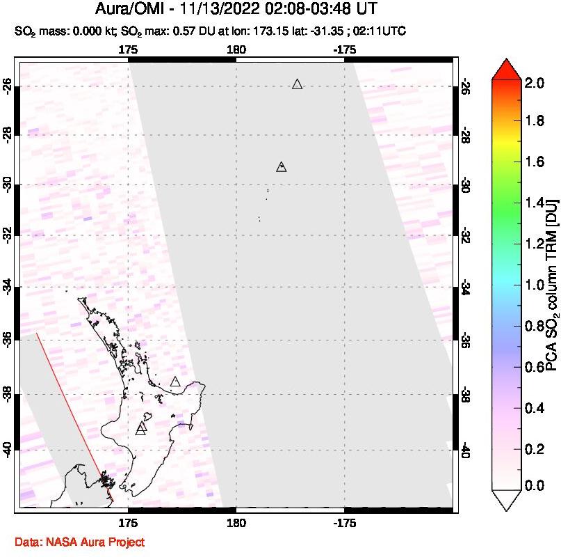 A sulfur dioxide image over New Zealand on Nov 13, 2022.