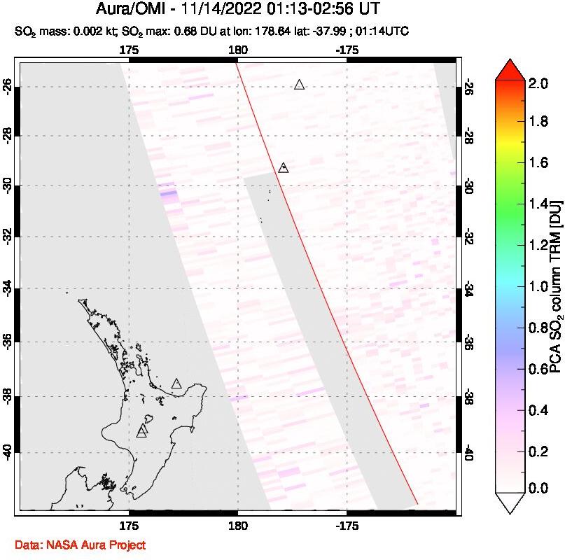 A sulfur dioxide image over New Zealand on Nov 14, 2022.