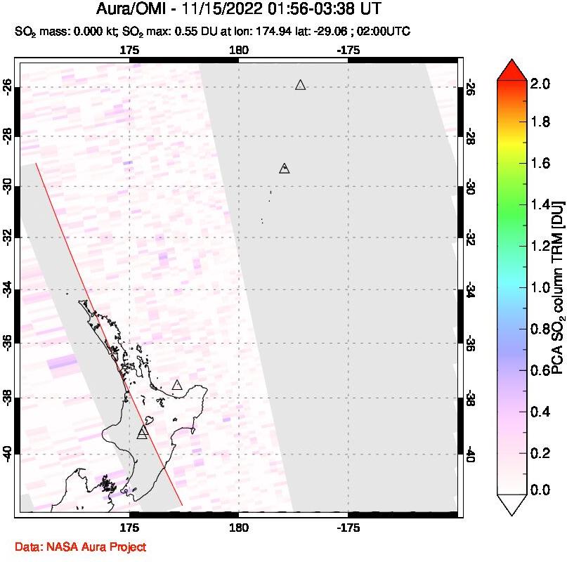 A sulfur dioxide image over New Zealand on Nov 15, 2022.