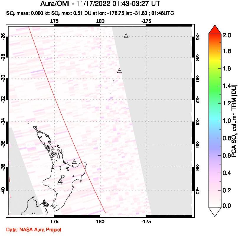 A sulfur dioxide image over New Zealand on Nov 17, 2022.