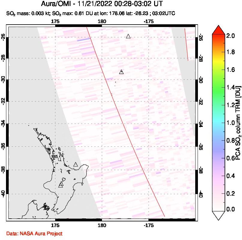 A sulfur dioxide image over New Zealand on Nov 21, 2022.