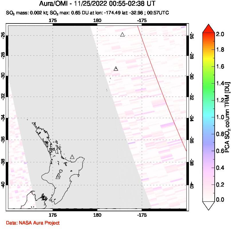 A sulfur dioxide image over New Zealand on Nov 25, 2022.