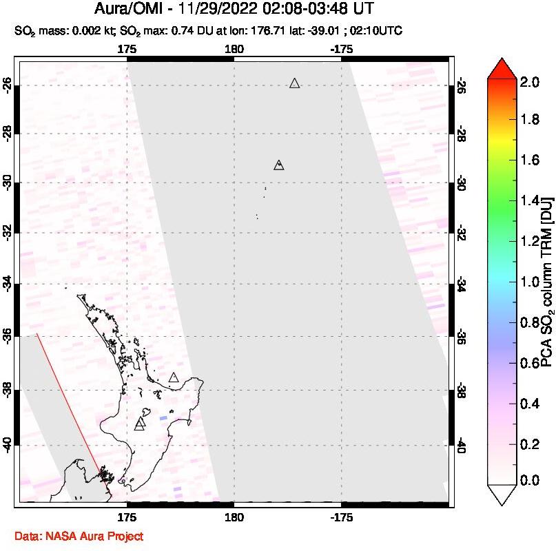 A sulfur dioxide image over New Zealand on Nov 29, 2022.