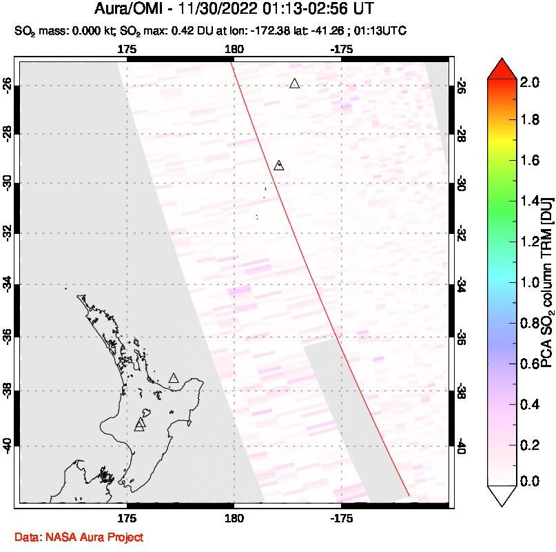 A sulfur dioxide image over New Zealand on Nov 30, 2022.