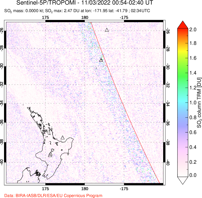 A sulfur dioxide image over New Zealand on Nov 03, 2022.