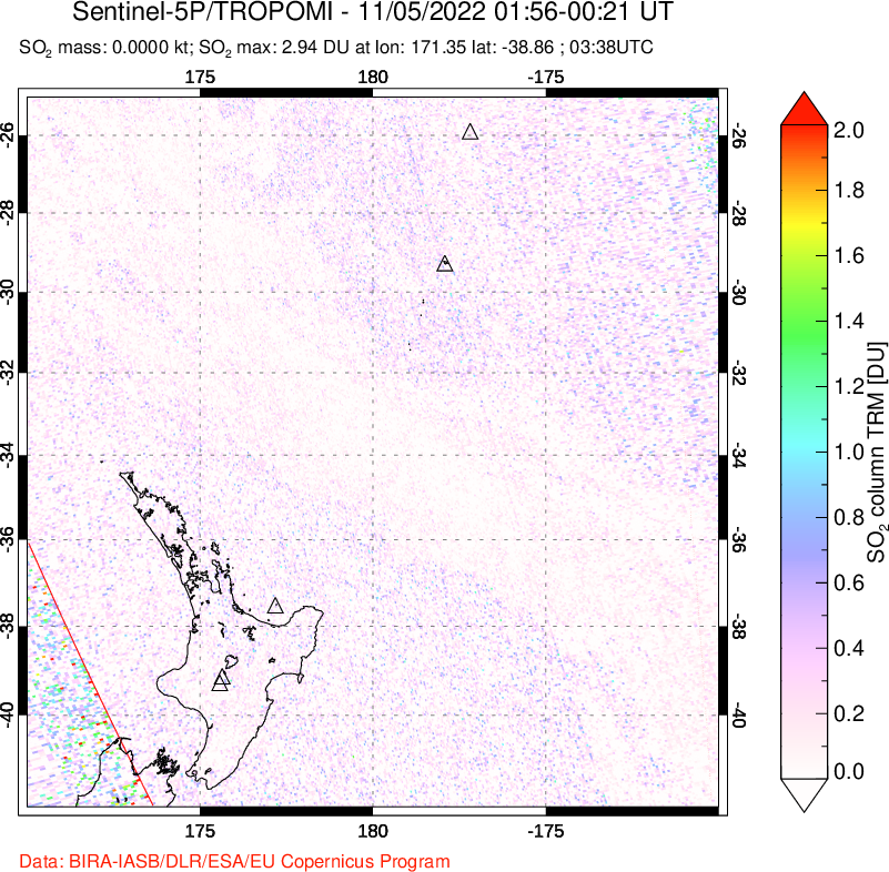A sulfur dioxide image over New Zealand on Nov 05, 2022.