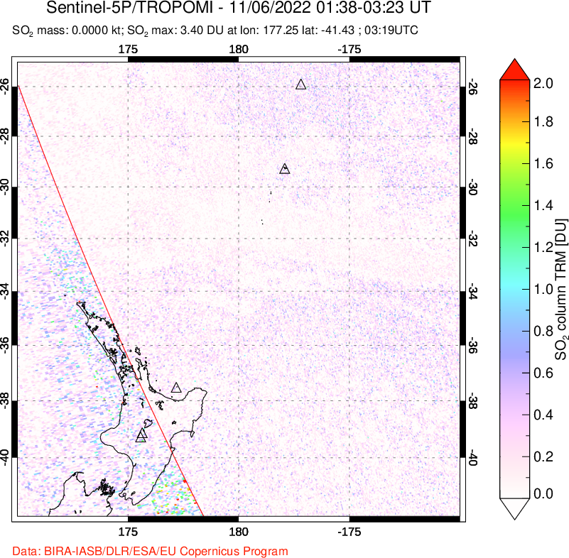 A sulfur dioxide image over New Zealand on Nov 06, 2022.
