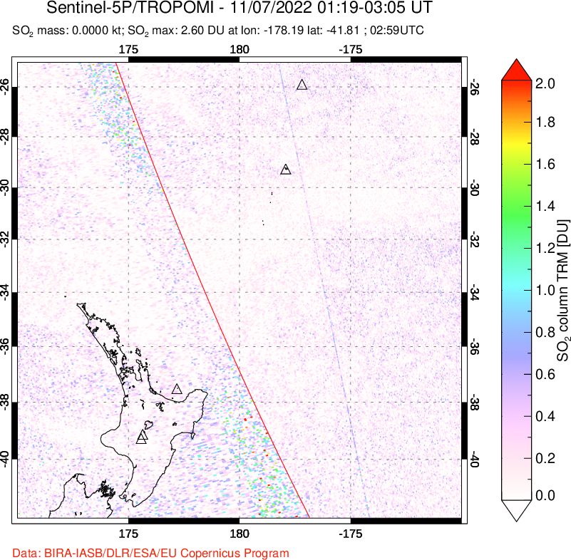 A sulfur dioxide image over New Zealand on Nov 07, 2022.
