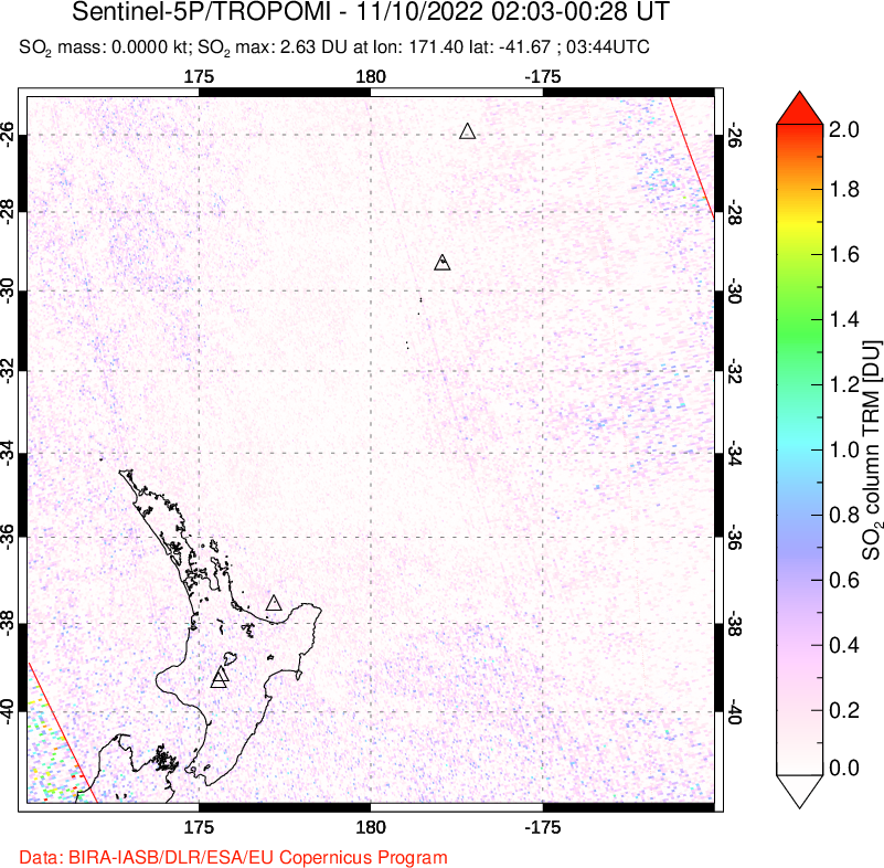 A sulfur dioxide image over New Zealand on Nov 10, 2022.