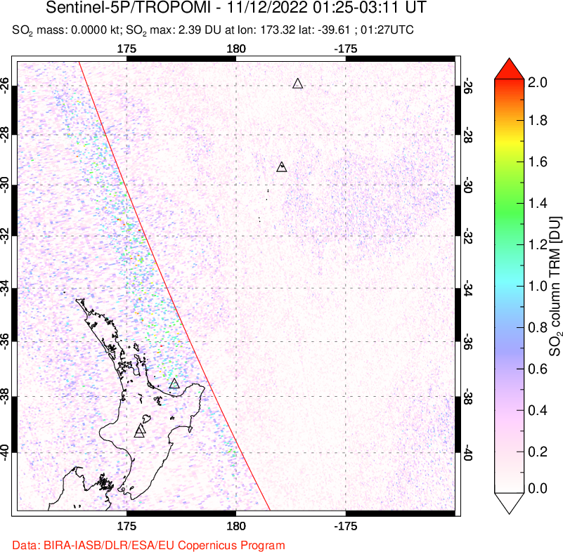 A sulfur dioxide image over New Zealand on Nov 12, 2022.