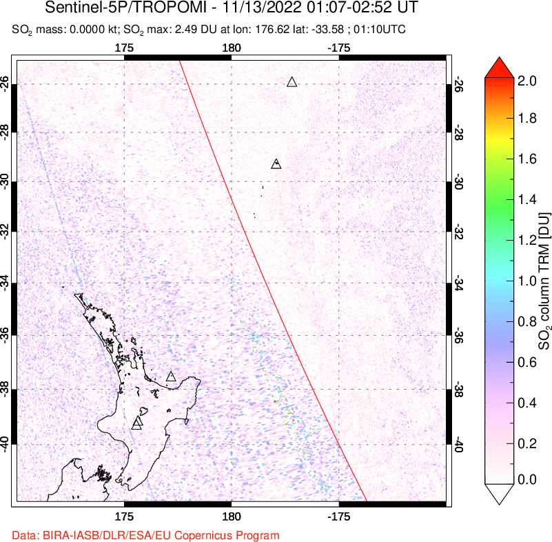 A sulfur dioxide image over New Zealand on Nov 13, 2022.