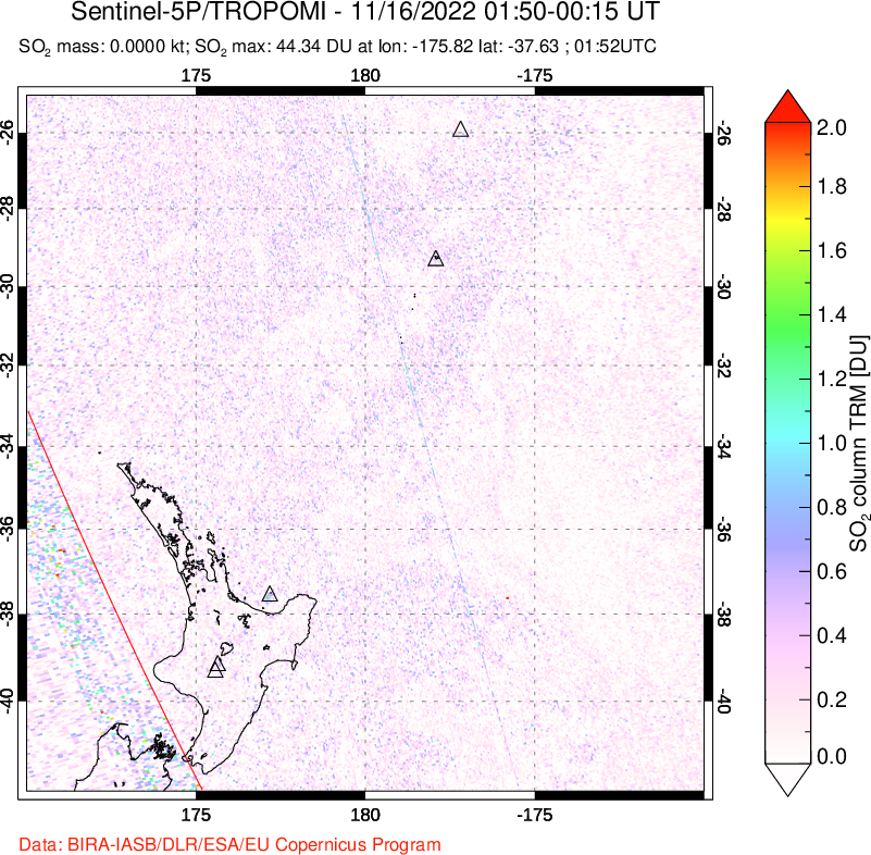 A sulfur dioxide image over New Zealand on Nov 16, 2022.
