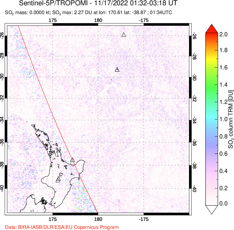 A sulfur dioxide image over New Zealand on Nov 17, 2022.