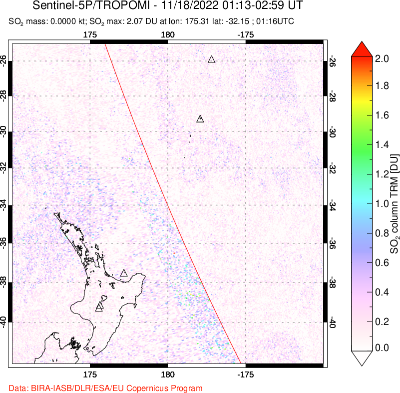 A sulfur dioxide image over New Zealand on Nov 18, 2022.
