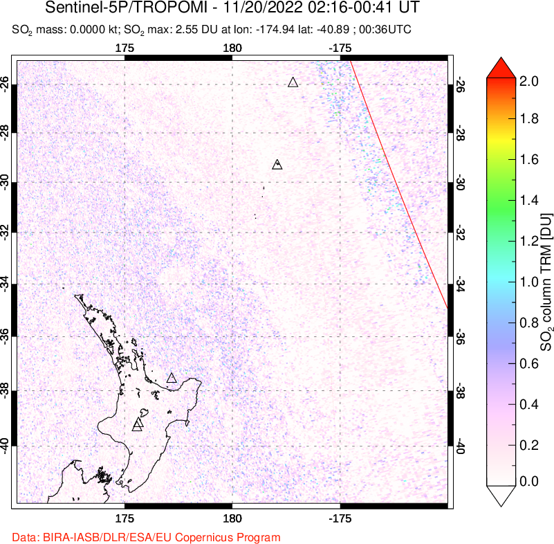 A sulfur dioxide image over New Zealand on Nov 20, 2022.