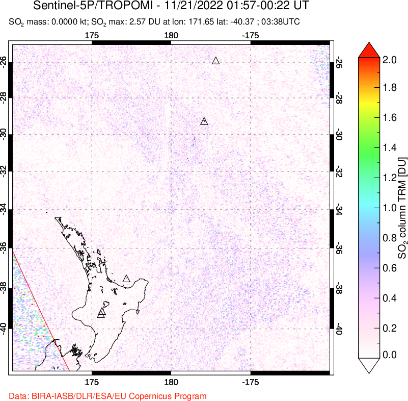 A sulfur dioxide image over New Zealand on Nov 21, 2022.
